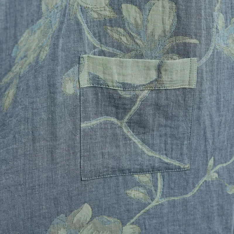 Kimono-Bademantel aus Baumwolle, salbeiblau mit Blumenmuster