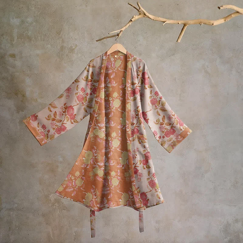 Kimono-Bademantel aus Baumwolle mit botanischem Granatapfelmuster