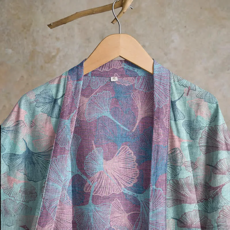Traumhafter Kimono-Bademantel aus Baumwolle mit Ginkgoblattmuster
