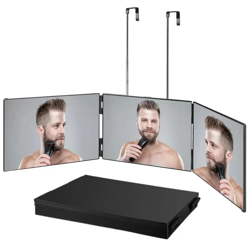 GlamFold 360 – Tragbarer 3-teiliger Schminkspiegel mit Verstellbarem Teleskophaken