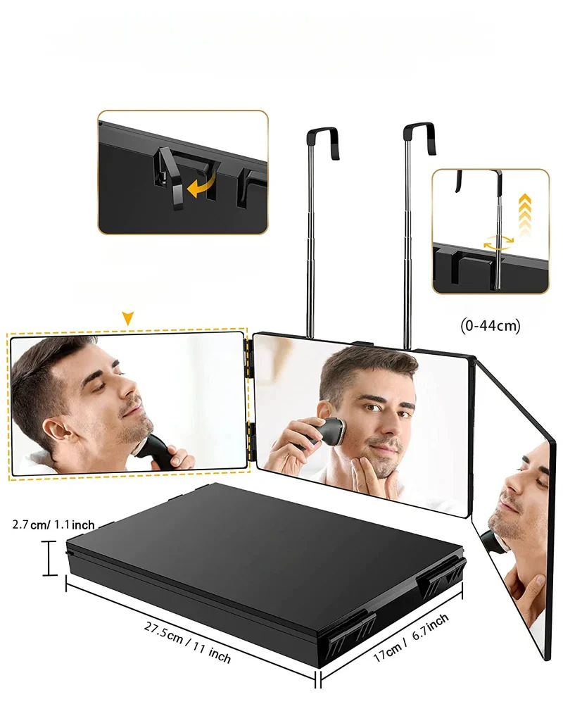 GlamFold 360 – Tragbarer 3-teiliger Schminkspiegel mit Verstellbarem Teleskophaken