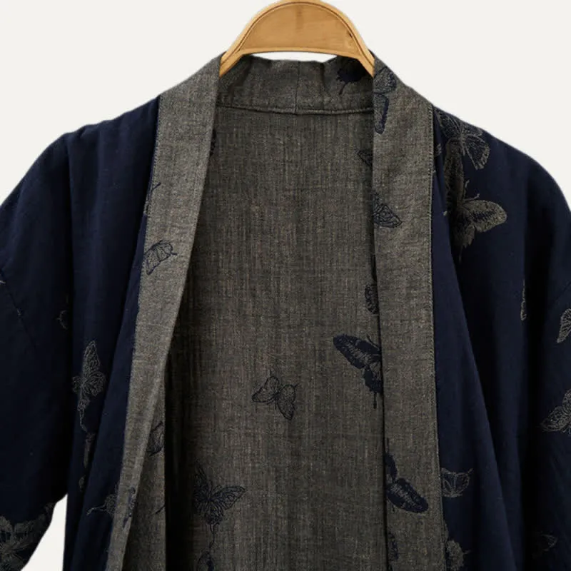 Marineblauer Kimono-Bademantel aus doppellagigem Baumwoll-Doppelgaze mit Schmetterlingsmotiv