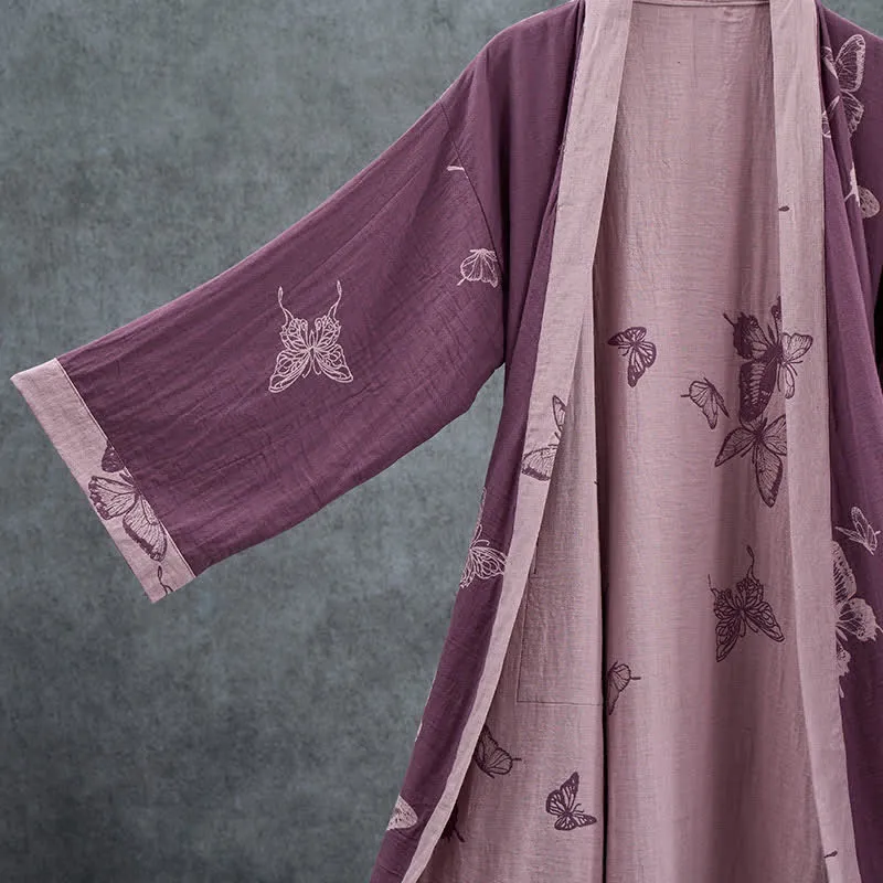 Kimono-Bademantel aus doppellagigem Baumwoll-Doppelgaze mit Schmetterlingsmotiv