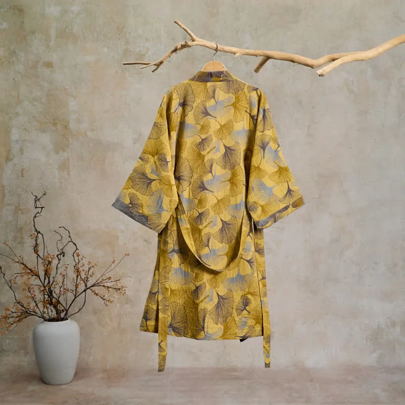 Vintage-Bademantel aus doppellagigem Baumwollgewebe mit Ginkgoblatt