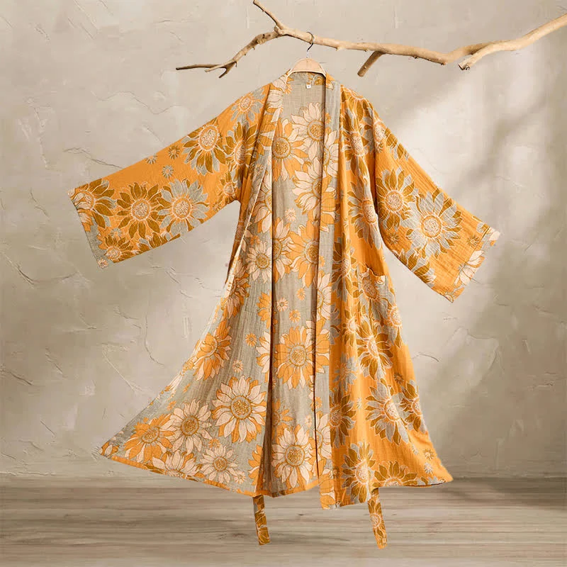Vintage Sonnenblumen-Baumwollkimono-Bademantel