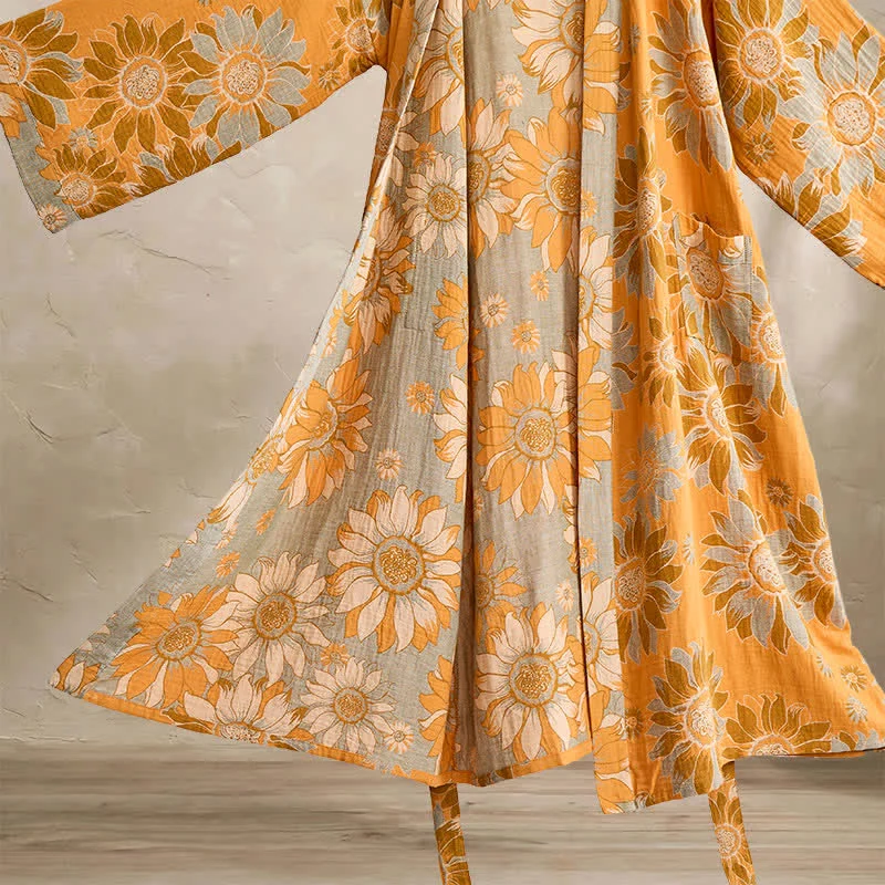 Vintage Sonnenblumen-Baumwollkimono-Bademantel