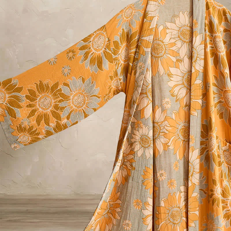 Vintage Sonnenblumen-Baumwollkimono-Bademantel