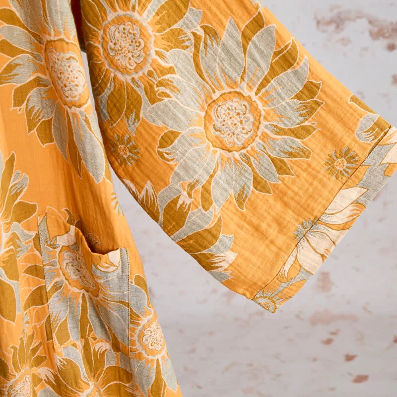 Vintage Sonnenblumen-Baumwollkimono-Bademantel