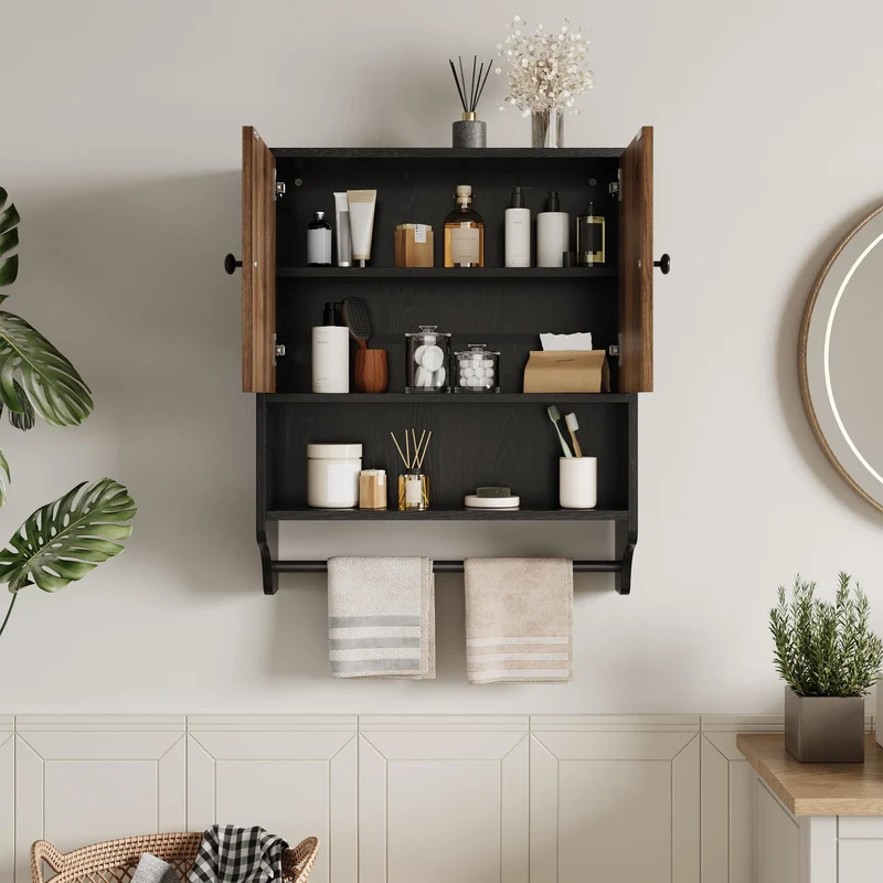 Garvee Mobile Bagno Versatile Con Portasciugamani, 2 Ante Regolabili, MDF Resistente All'umidità, Moderno Bianco O Nero
