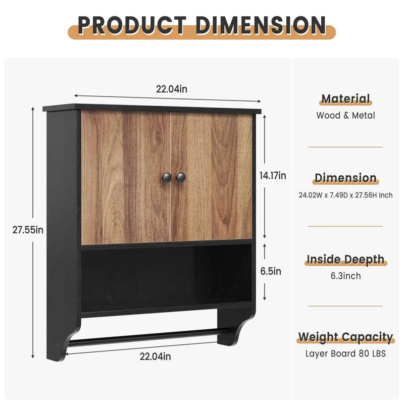 Garvee Mobile Bagno Versatile Con Portasciugamani, 2 Ante Regolabili, MDF Resistente All'umidità, Moderno Bianco O Nero