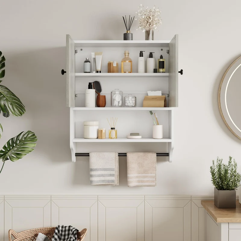 Garvee Armadio Da Parete Per Bagno Con Portasciugamani, 2 Ante, Ripiani Regolabili, MDF Resistente All'Umidità, Bianco O Nero, Moderno
