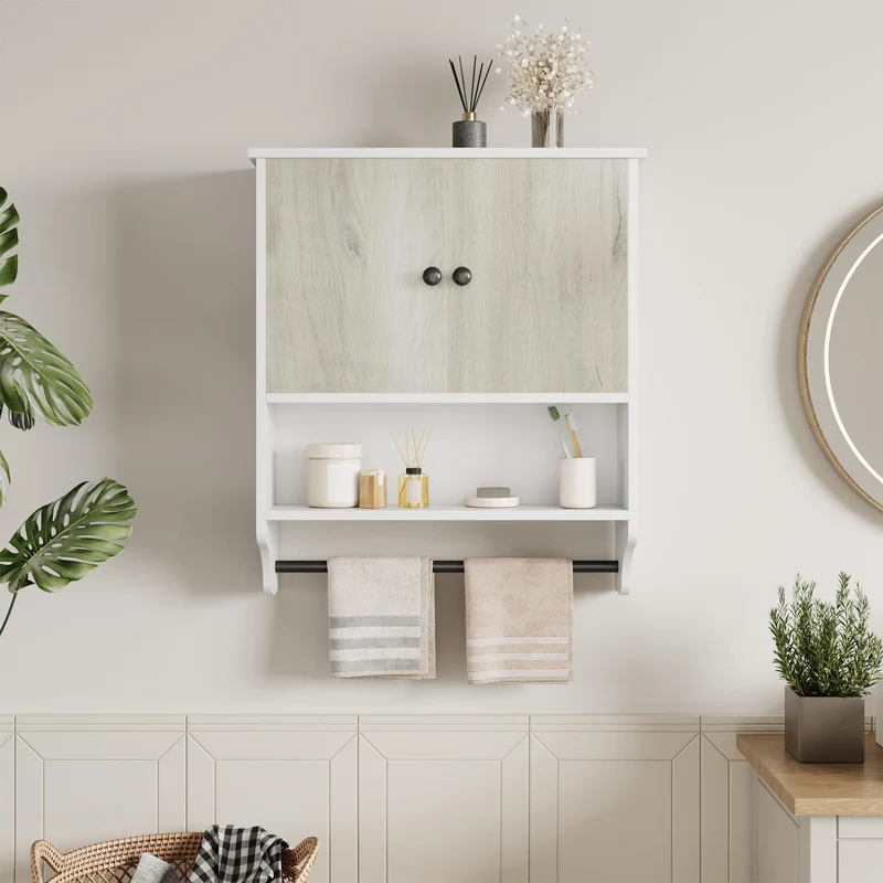 Garvee Armadio Da Parete Per Bagno Con Portasciugamani, 2 Ante, Ripiani Regolabili, MDF Resistente All'Umidità, Bianco O Nero, Moderno