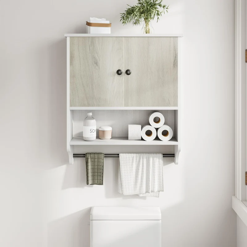 Garvee Armadio Da Parete Per Bagno Con Portasciugamani, 2 Ante, Ripiani Regolabili, MDF Resistente All'Umidità, Bianco O Nero, Moderno