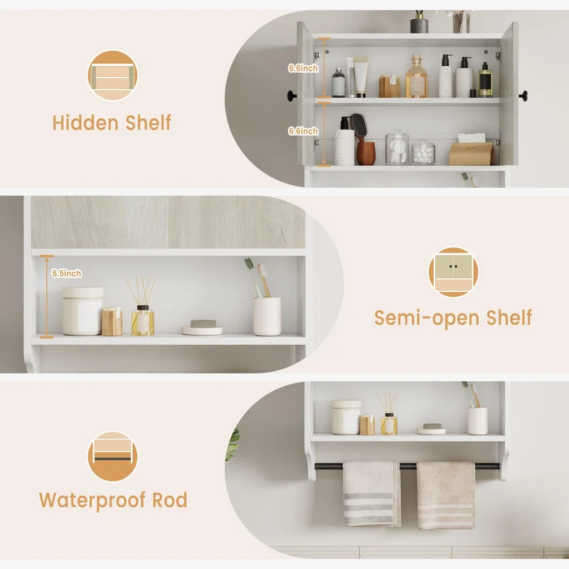 Garvee Armadio Da Parete Per Bagno Con Portasciugamani, 2 Ante, Ripiani Regolabili, MDF Resistente All'Umidità, Bianco O Nero, Moderno