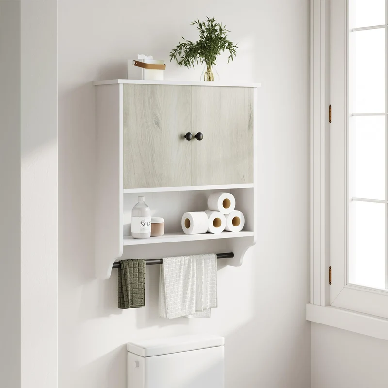 Garvee Armadio Da Parete Per Bagno Con Portasciugamani, 2 Ante, Ripiani Regolabili, MDF Resistente All'Umidità, Bianco O Nero, Moderno