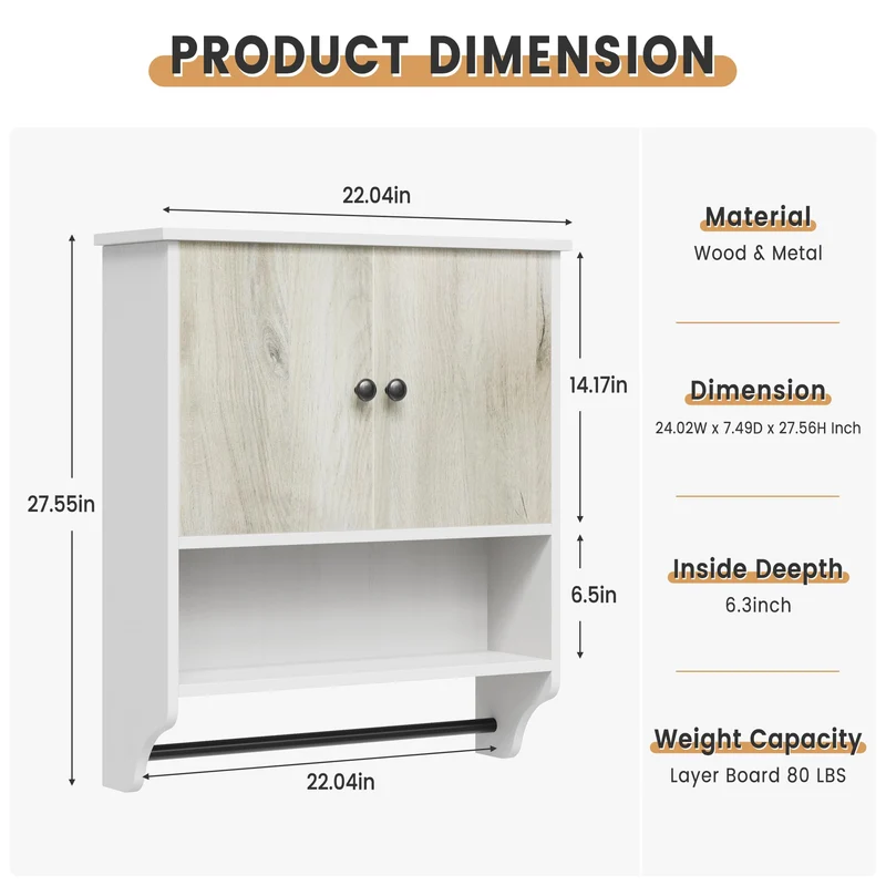 Garvee Armadio Da Parete Per Bagno Con Portasciugamani, 2 Ante, Ripiani Regolabili, MDF Resistente All'Umidità, Bianco O Nero, Moderno