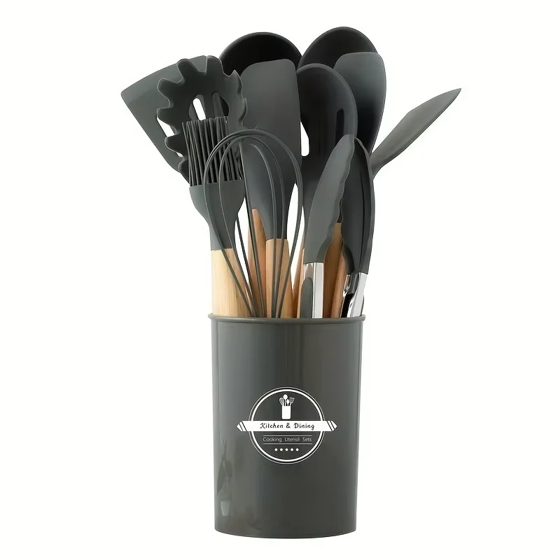 ChefEase – 12-teiliges Silikon-Kochutensilien-Set mit Holzgriffen