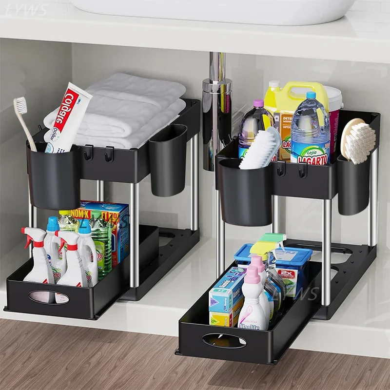 SlideEase 2-stufiger Organizer – Ausziehbarer Untergiebel-Organizer mit Korb, Haken und Bechersystem
