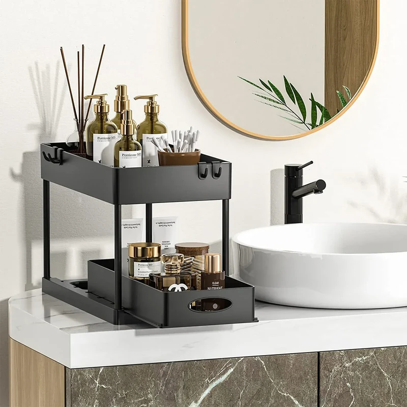 SlideEase 2-stufiger Organizer – Ausziehbarer Untergiebel-Organizer mit Korb, Haken und Bechersystem