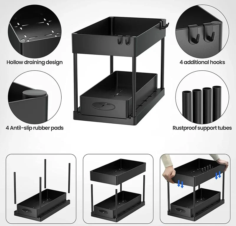 SlideEase 2-stufiger Organizer – Ausziehbarer Untergiebel-Organizer mit Korb, Haken und Bechersystem