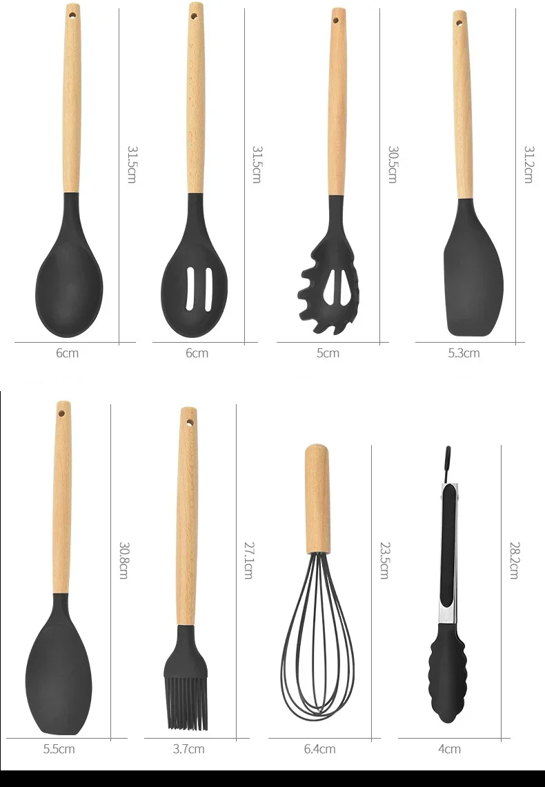 ChefEase – 12-delige Siliconen Keukengerei Set met Houten Handvat