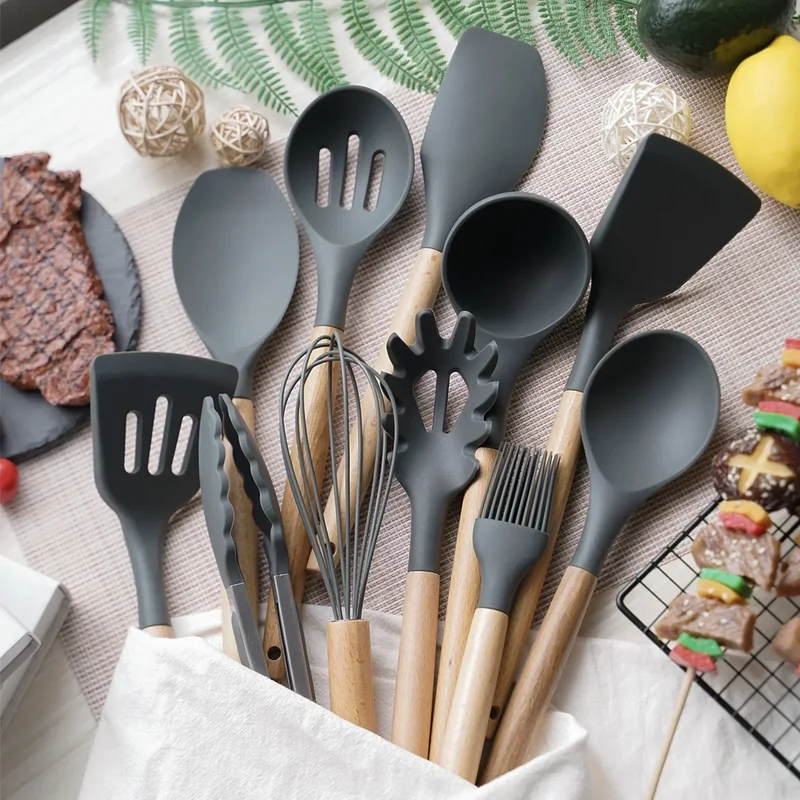 ChefEase – 12-delige Siliconen Keukengerei Set met Houten Handvat