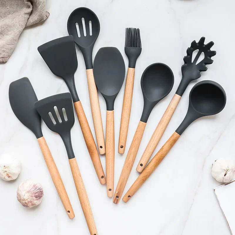 ChefEase – 12-delige Siliconen Keukengerei Set met Houten Handvat