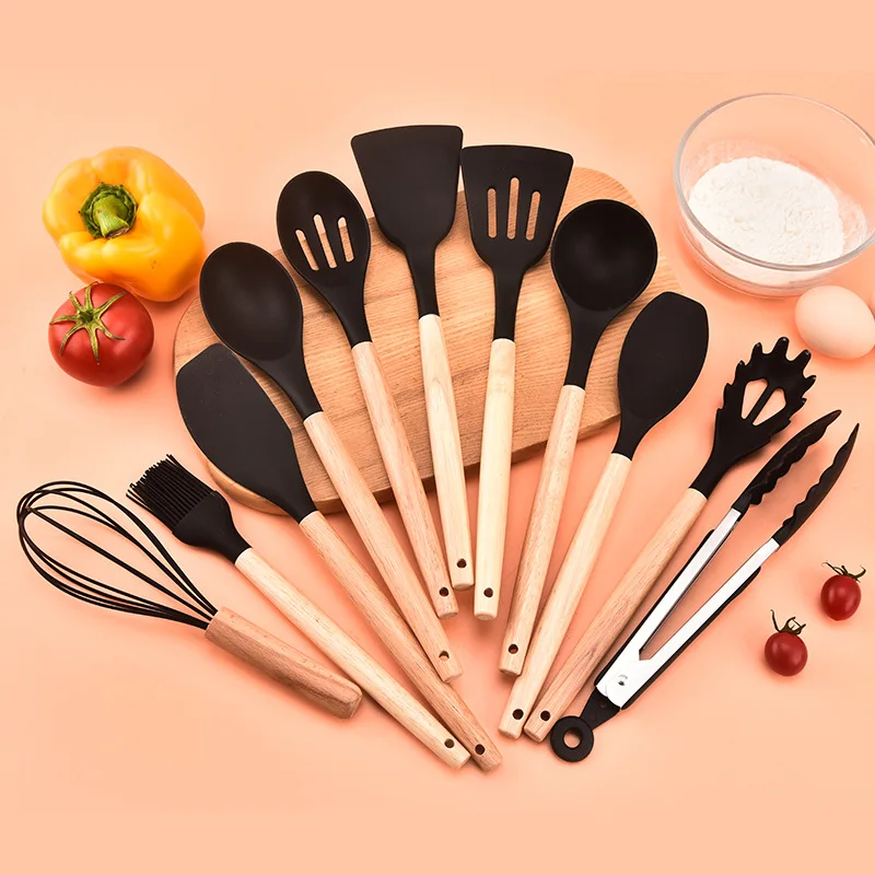 ChefEase – 12-delige Siliconen Keukengerei Set met Houten Handvat