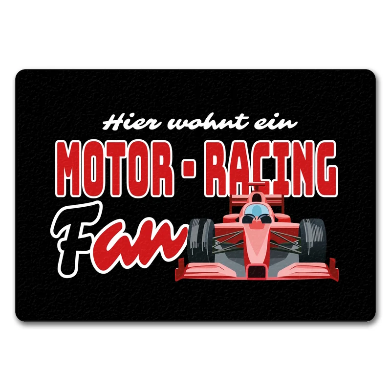 Sportwagen Fußmatte in 35x50 cm ohne Rand mit Spruch: Hier wohnt ein Motor-Racing Fan
