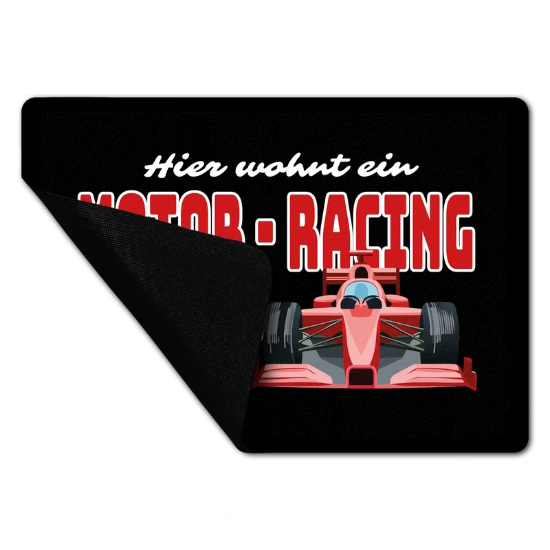 Sportwagen Fußmatte in 35x50 cm ohne Rand mit Spruch: Hier wohnt ein Motor-Racing Fan