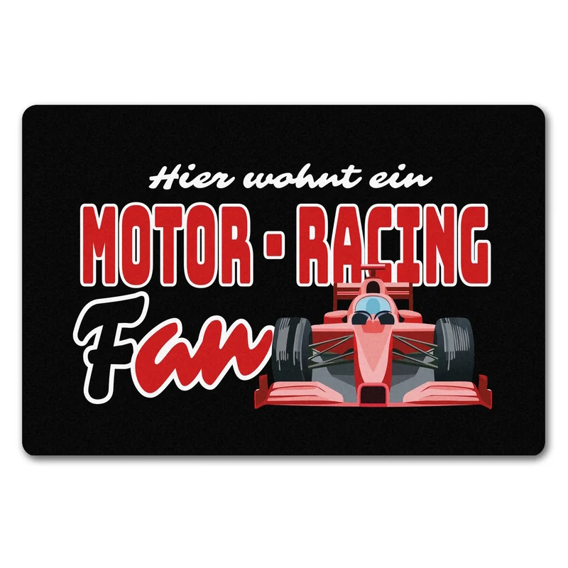 Sportwagen Fußmatte in 35x50 cm ohne Rand mit Spruch: Hier wohnt ein Motor-Racing Fan
