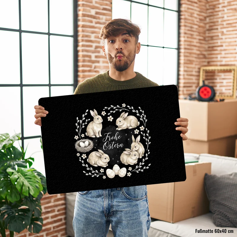 Frohe Ostern Fußmatte in 35x50 cm ohne Rand Haselnussfarbene Kaninchen mit Nest