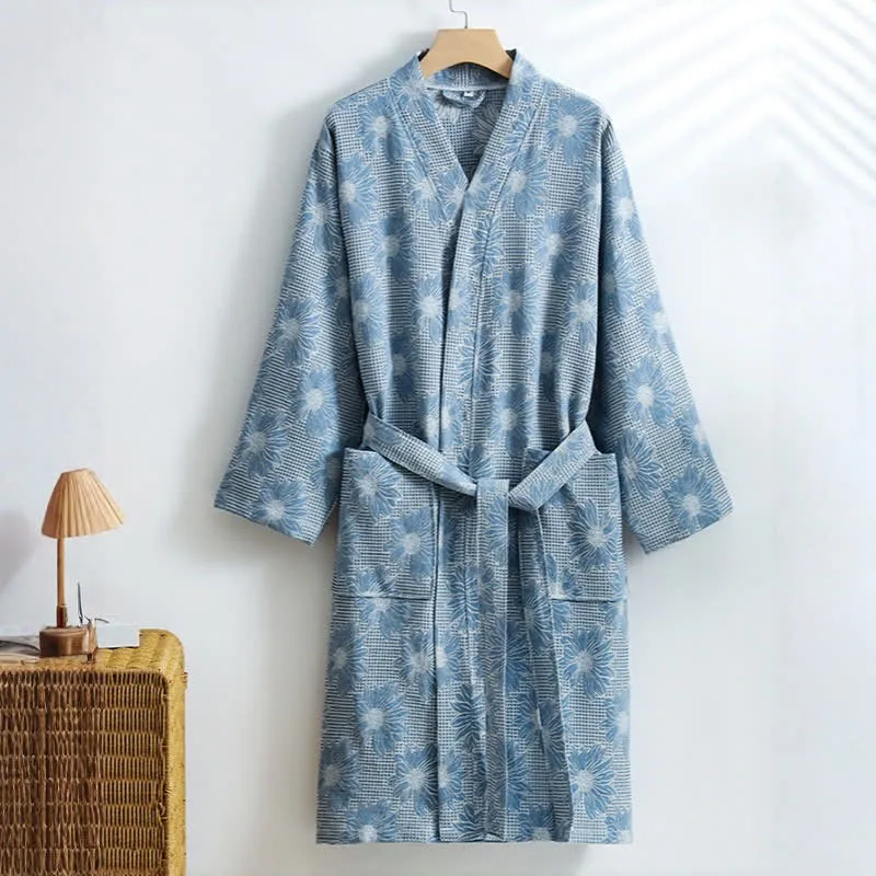 Kimono-Bademantel aus Baumwolle mit Sonnenblumenmuster und Waffelmuster