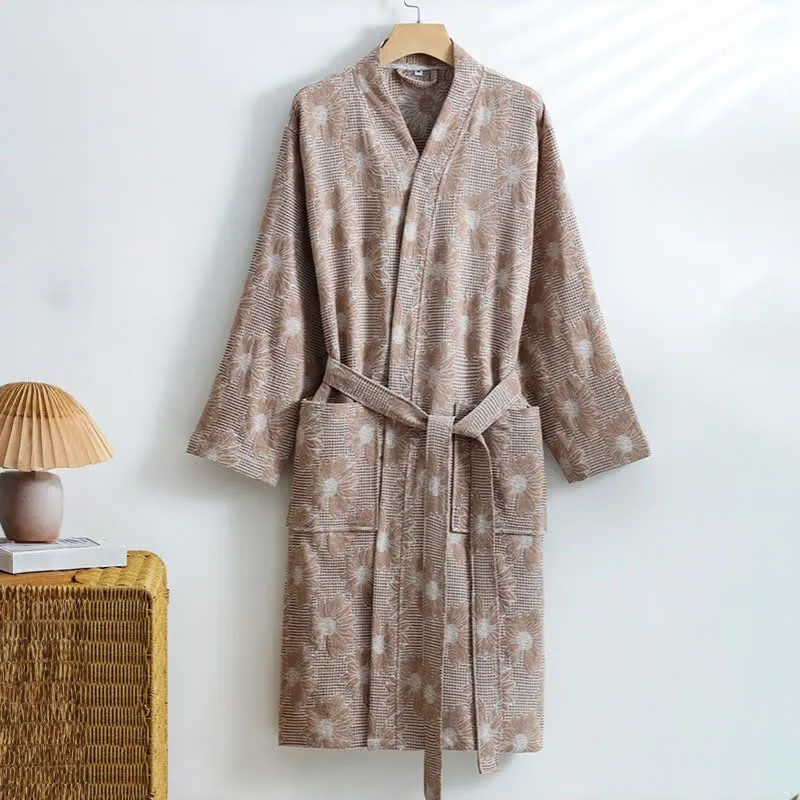 Kimono-Bademantel aus Baumwolle mit Sonnenblumenmuster und Waffelmuster