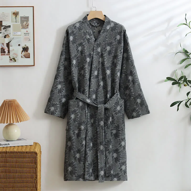 Kimono-Bademantel aus Baumwolle mit Sonnenblumenmuster und Waffelmuster