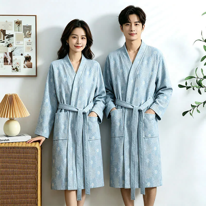 Kimono-Bademantel aus Baumwolle mit Sonnenblumenmuster und Waffelmuster