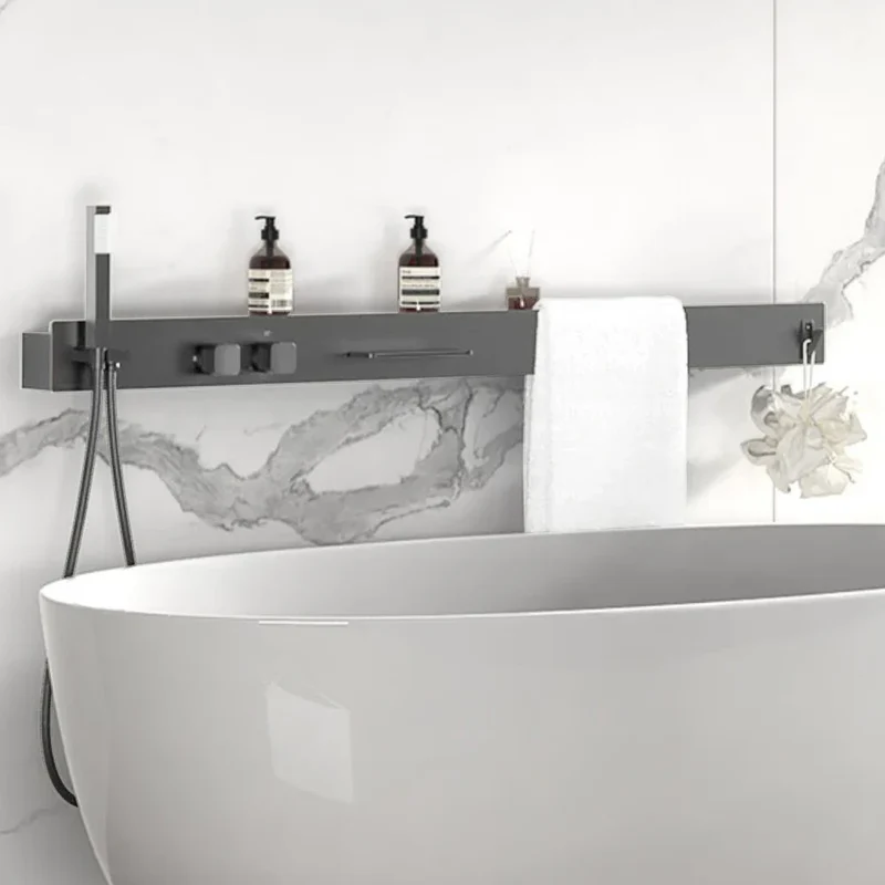 Superluxuriöses Duschsystem zur Wandmontage mit Ablage und Handtuchhalter – Gebürstetes Gun Grey