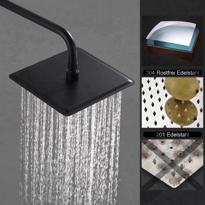 Garvee Duschsystem Thermostat Nero 3 Strali Regendusche 25x25cm Acciaio Inox PVC Anticalcare Altezza Regolabile Bagno