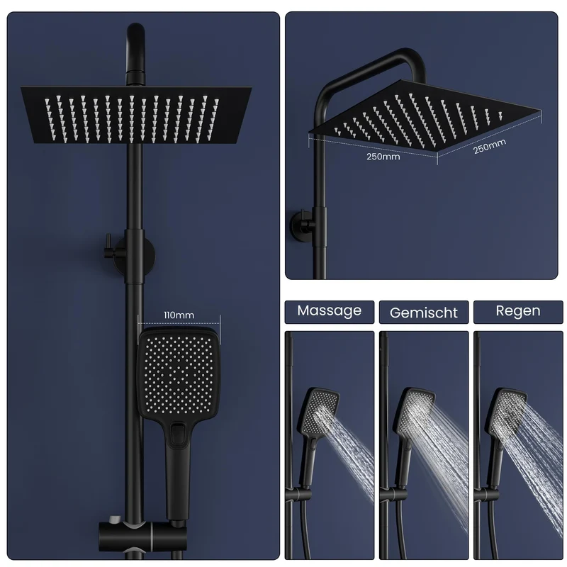 Garvee Duschsystem Thermostat Nero 3 Strali Regendusche 25x25cm Acciaio Inox PVC Anticalcare Altezza Regolabile Bagno