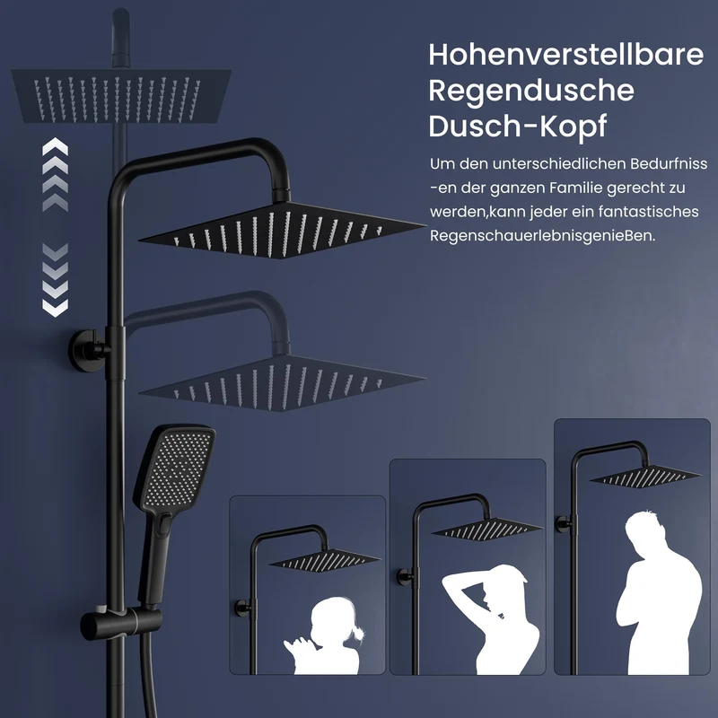 Garvee Duschsystem Thermostat Nero 3 Strali Regendusche 25x25cm Acciaio Inox PVC Anticalcare Altezza Regolabile Bagno