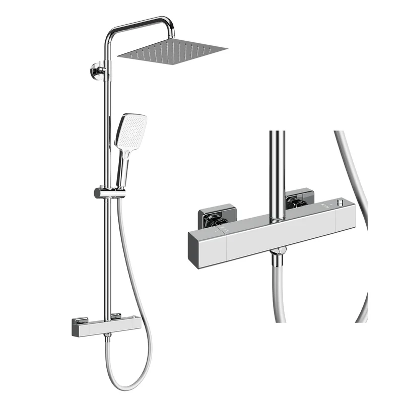 Garvee Duschsystem con Termostato Sicuro e Regolabile, XXL Regendusche in Acciaio Inox 304, 5 Tipi di Getto, Duschstangen Regolabile, PVC Duschschlauch, per Bagno Moderno, 25x25cm, Argento