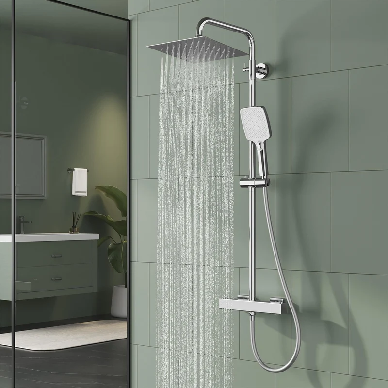 Garvee Duschsystem con Termostato Sicuro e Regolabile, XXL Regendusche in Acciaio Inox 304, 5 Tipi di Getto, Duschstangen Regolabile, PVC Duschschlauch, per Bagno Moderno, 25x25cm, Argento