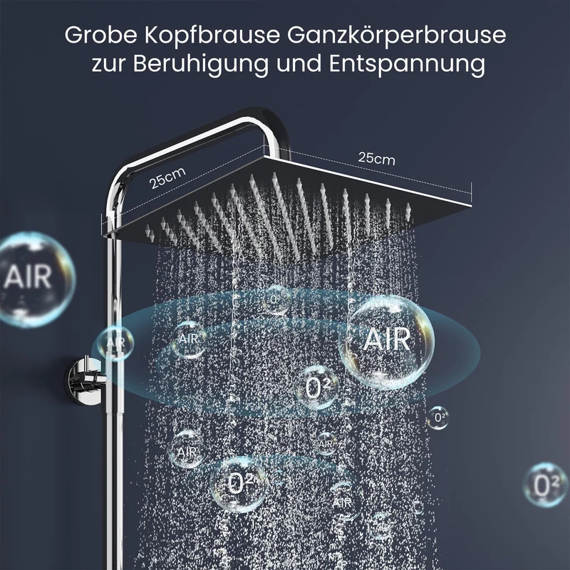 Garvee Duschsystem con Termostato Sicuro e Regolabile, XXL Regendusche in Acciaio Inox 304, 5 Tipi di Getto, Duschstangen Regolabile, PVC Duschschlauch, per Bagno Moderno, 25x25cm, Argento