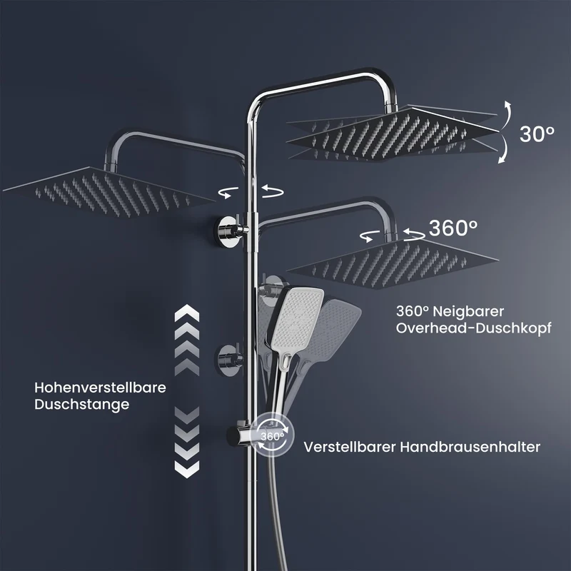 Garvee Duschsystem con Termostato Sicuro e Regolabile, XXL Regendusche in Acciaio Inox 304, 5 Tipi di Getto, Duschstangen Regolabile, PVC Duschschlauch, per Bagno Moderno, 25x25cm, Argento