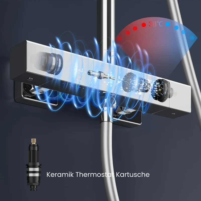 Garvee Duschsystem con Termostato Sicuro e Regolabile, XXL Regendusche in Acciaio Inox 304, 5 Tipi di Getto, Duschstangen Regolabile, PVC Duschschlauch, per Bagno Moderno, 25x25cm, Argento