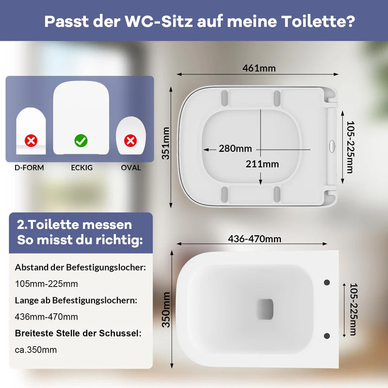 Garvee WC-Sitz Eckig E-Form Urea-Duroplast Mit Absenkautomatik Und Quick-Release Für Badezimmer Weiß Robust 150kg