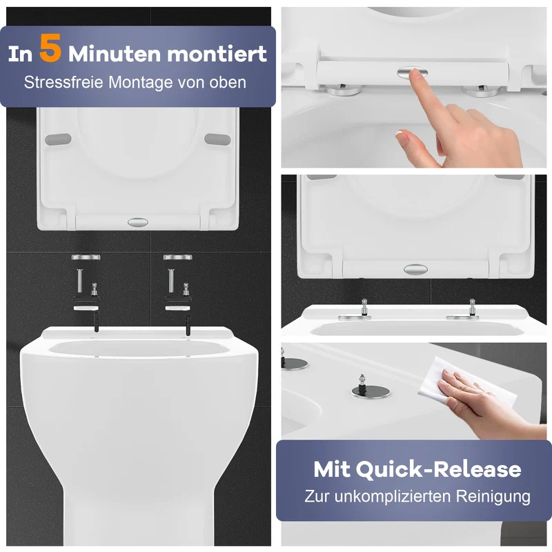 Garvee WC-Sitz Eckig E-Form Urea-Duroplast Mit Absenkautomatik Und Quick-Release Für Badezimmer Weiß Robust 150kg