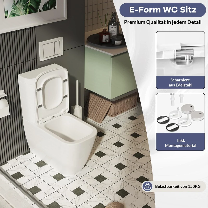 Garvee WC-Sitz Eckig E-Form Urea-Duroplast Mit Absenkautomatik Und Quick-Release Für Badezimmer Weiß Robust 150kg