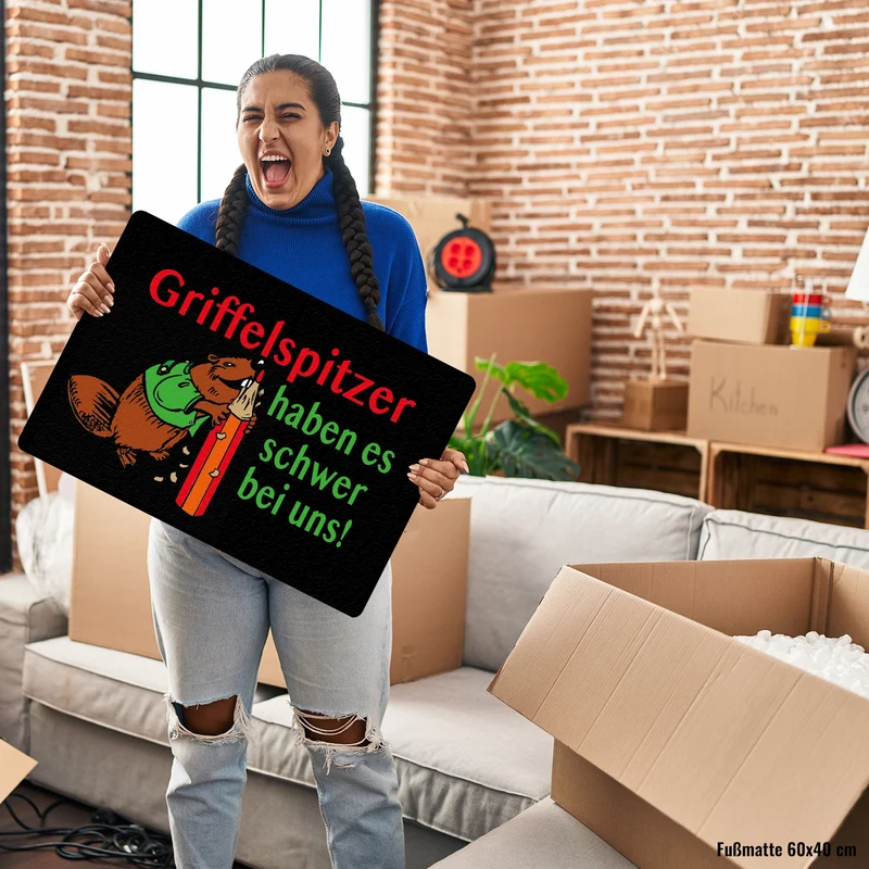 Biber Fußmatte in 35x50 cm ohne Rand mit Spruch: Griffelspitzer haben es schwer bei uns!