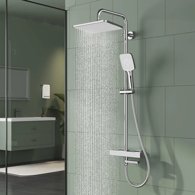 Garvee Duschsystem Mit Thermostat Chrom 3-Strahlen-Handbrause Edelstahl-Duschstange PVC-Duschschlauch Regendusche 30x20cm Für Bad